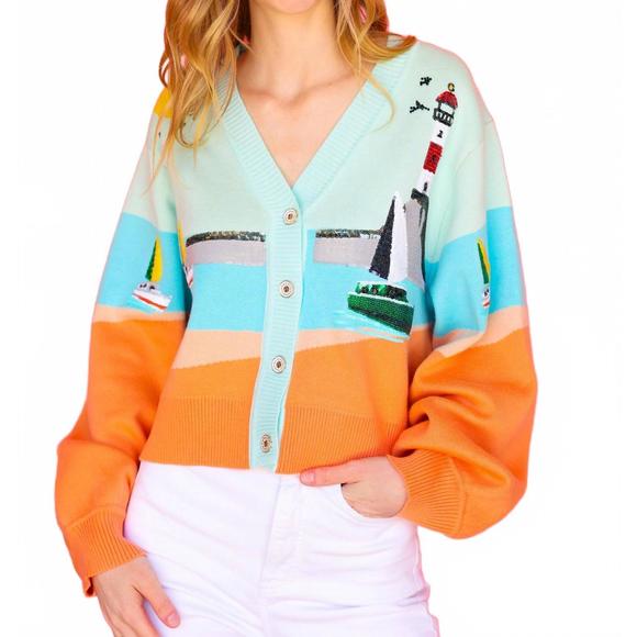 NEW QUEEN OF SPARKLES multi sail boat & light house button up cardigan in multi - Picture 1 of 10